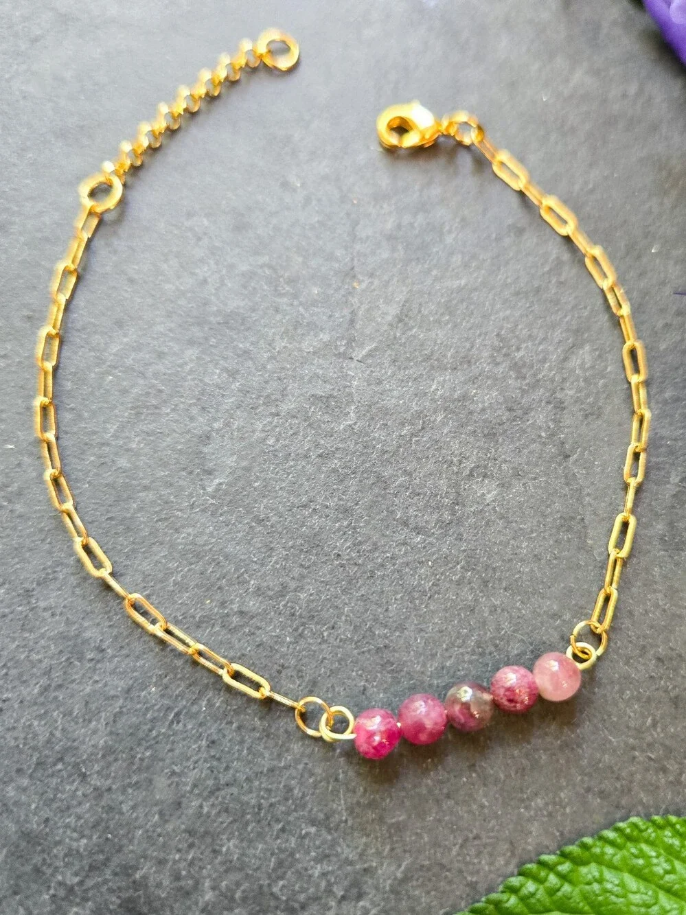 NWT Artisan-Made Pink Tourmaline 24k Gold-Plated Paperclip Chain Bracelet